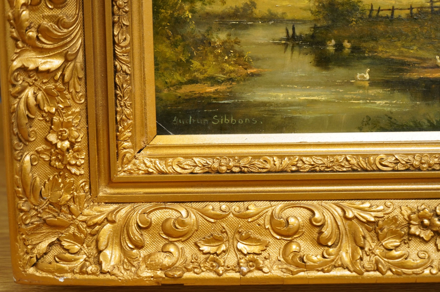 Gudrun Sibbons (1924-2020), Landscape with figures and carthorses before thatched cottages, signed, oil on board, 39 x 49cm, ornate gilt frame